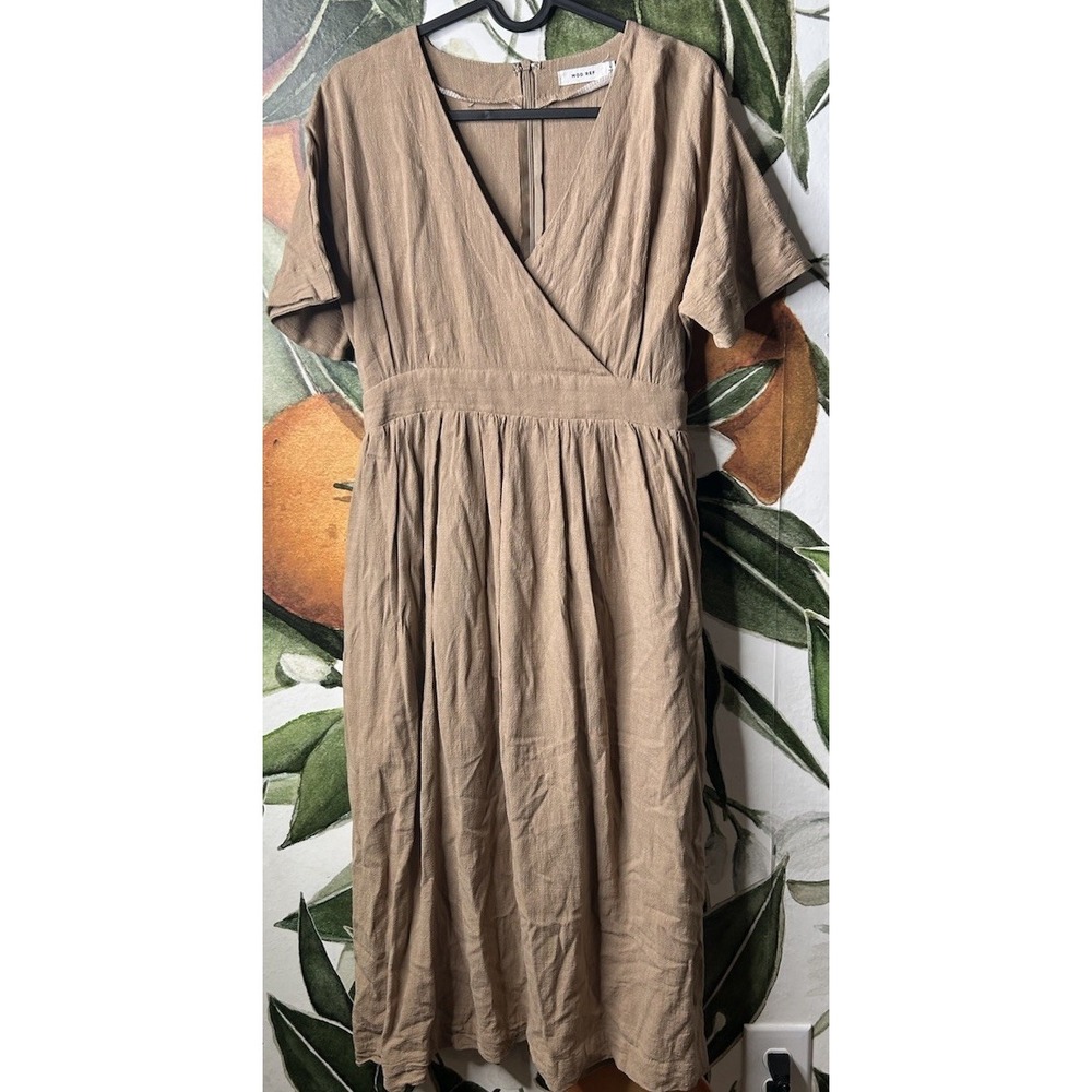 Mod Ref Large Tan Surplice Belted Short Sleeve Dress Gauze Texture Casual‎
